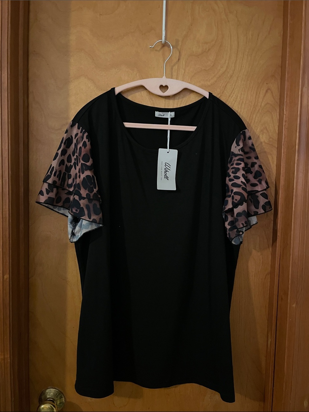 Black Top with Leopard Flutter Sleeves